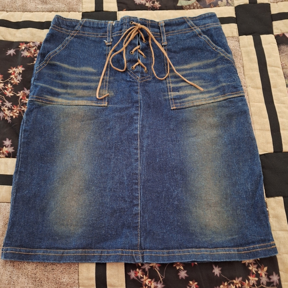 VINTAGE Denim Lace Up Mini Skirt Size Medium